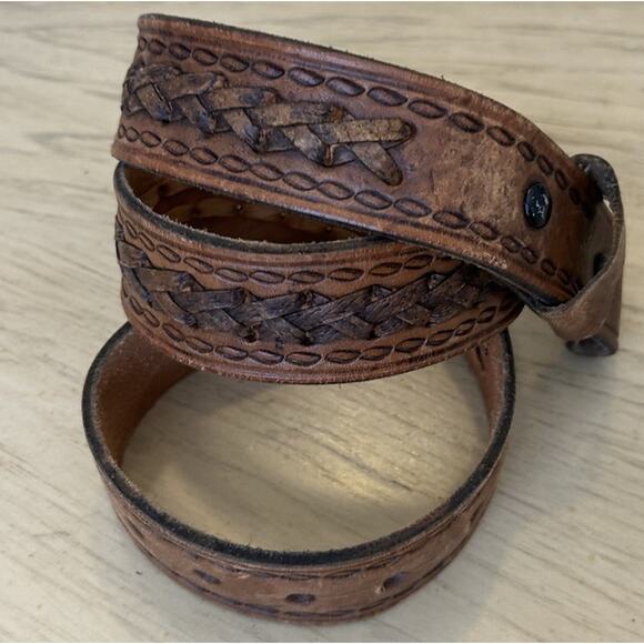 vintage TOOLED buckle belt 34 cowhide WESTERN braided RODEO brown COWBOY - Picture 6 of 15
